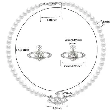 Saturn Pearl Necklace White Pearl Choker Necklace for Women Crystal Rhinestone Planet Necklace and Silver Saturn Stud Earrings Set Jewelry Gifts for Birthday Anniversary Christmas Day