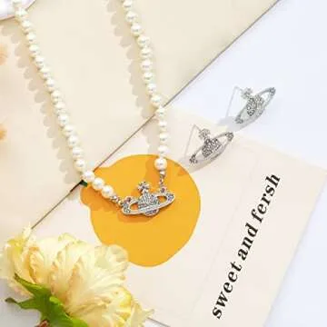 Saturn Pearl Necklace White Pearl Choker Necklace for Women Crystal Rhinestone Planet Necklace and Silver Saturn Stud Earrings Set Jewelry Gifts for Birthday Anniversary Christmas Day