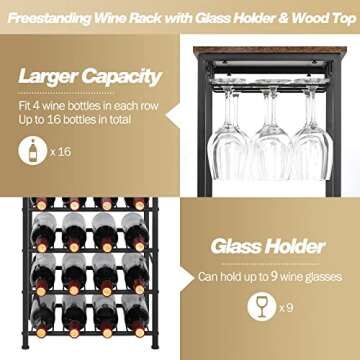 Stylish Sunexinlo Wine Rack with Glass Holder for 16 Bottles