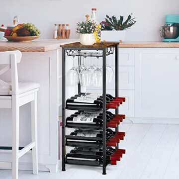 Stylish Sunexinlo Wine Rack with Glass Holder for 16 Bottles