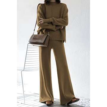 Fixmatti Women Knit Sweatsuit Turtleneck Sweater Top and Wide Leg Pant 2 Piece Outfits Brown L