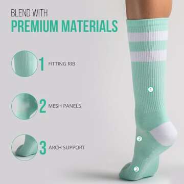 Love Classic, Mint, X-Small-Small, Light Weight Compression Athletic Crew Socks for Women