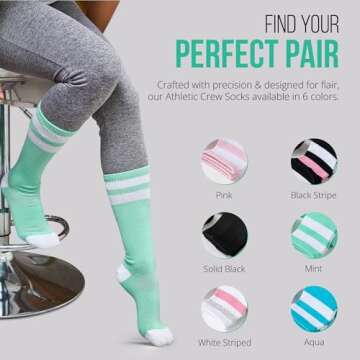Love Classic, Mint, X-Small-Small, Light Weight Compression Athletic Crew Socks for Women