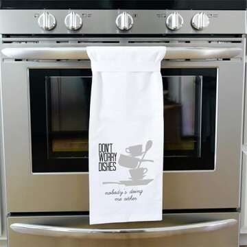 Twisted Wares Funny Kitchen Dish Towels with Sayings for Women, Don’t Worry Dishes Flour Sack Dishtowels, 27 inch by 27 inch, 100% Cotton, Funny Gift for Adults