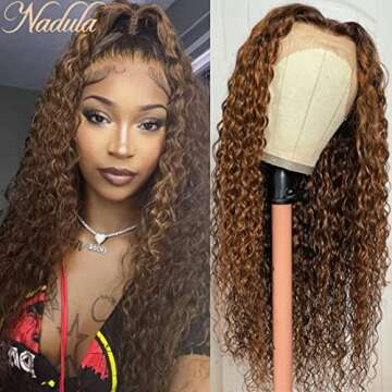 Nadula Piano Brown 13x4 Water Wave Lace Front Wigs Human Hair with Amber Highlights for Women,10A Highlight Ombre Auburn Brown Water Wave Lace Frontal Wigs Pre Plucked with Baby Hair 16inch
