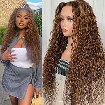 Nadula Piano Brown 13x4 Water Wave Lace Front Wigs Human Hair with Amber Highlights for Women,10A Highlight Ombre Auburn Brown Water Wave Lace Frontal Wigs Pre Plucked with Baby Hair 16inch