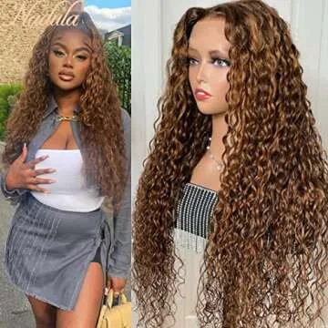 Nadula Piano Brown 13x4 Water Wave Lace Front Wigs Human Hair with Amber Highlights for Women,10A Highlight Ombre Auburn Brown Water Wave Lace Frontal Wigs Pre Plucked with Baby Hair 16inch