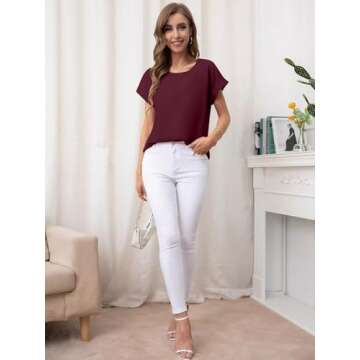 Bliwov Womens Tops Oversized T Shirts Rolled Short Sleeve Blouse 2024 Loose Summer Spring Fashion Clothes Basic Casual Tee,Wine Red,XXL