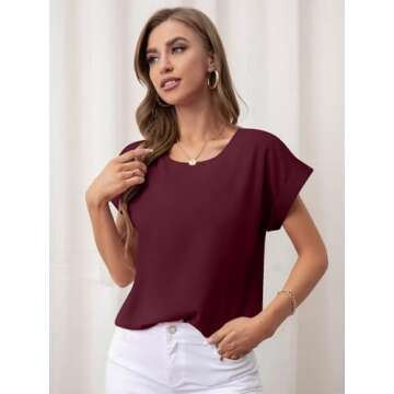 Bliwov Womens Tops Oversized T Shirts Rolled Short Sleeve Blouse 2024 Loose Summer Spring Fashion Clothes Basic Casual Tee,Wine Red,XXL