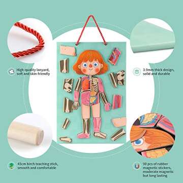 Human Body Puzzle for Kids Toddlers 90PCS Magnetic Boy Girl Anatomy Play Set Body Parts Organs Muscles Skeleton and Bones Wooden Puzzle Toys Aged 3+ Educational Learning Preschool Toys