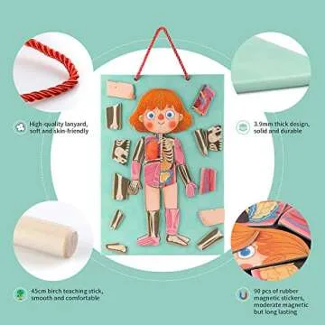 Human Body Puzzle for Kids Toddlers 90PCS Magnetic Boy Girl Anatomy Play Set Body Parts Organs Muscles Skeleton and Bones Wooden Puzzle Toys Aged 3+ Educational Learning Preschool Toys