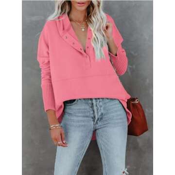 Zwurew V Neck Sweatshirt For Women Button Up Hoodies Oversized Sweaters Long Sleeve Fall Henley Shir...