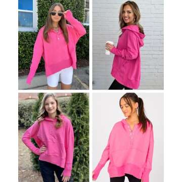 Zwurew V Neck Sweatshirt For Women Button Up Hoodies Oversized Sweaters Long Sleeve Fall Henley Shirt Rose Red S
