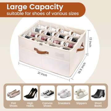 ateboane Shoe Storage Organizer for Closet,Foldable Shoe Storage Bins with Clear Cover,Large Adjustable Shoe Box Storage Containers,Fits 8-16 Pairs,Space-Saving Shoe Cube Organizer, Beige