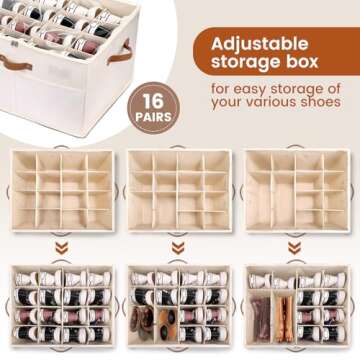 ateboane Shoe Storage Organizer for Closet,Foldable Shoe Storage Bins with Clear Cover,Large Adjustable Shoe Box Storage Containers,Fits 8-16 Pairs,Space-Saving Shoe Cube Organizer, Beige