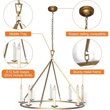 LOVEDIMA Gold Wagon Wheel Chandelier Rustic 35.4'' Candle-Shaped Metal Chandeliers Antique Brass Rou...