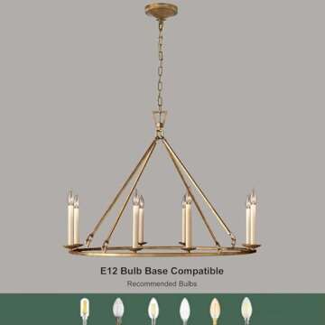 LOVEDIMA Gold Wagon Wheel Chandelier Rustic 35.4'' Candle-Shaped Metal Chandeliers Antique Brass Round Ceiling Hanging Light Fixture (8-Light)