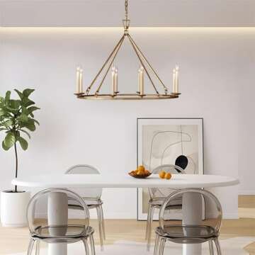 LOVEDIMA Gold Wagon Wheel Chandelier Rustic 35.4'' Candle-Shaped Metal Chandeliers Antique Brass Round Ceiling Hanging Light Fixture (8-Light)