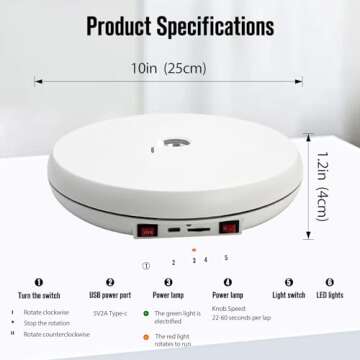 JAYEGT Motorized Rotating Display Stand with LED Light , 10 inch /55lbs Load, 360 Degree Electronic Turntable Display Stand for Photography Products Shows, Jewelry, Watch, 3D Models, Cake (White)