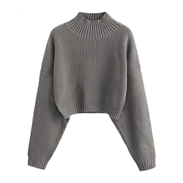 ZAFUL Women's Cropped Turtleneck Sweater with Lantern Sleeves in Gray (S)