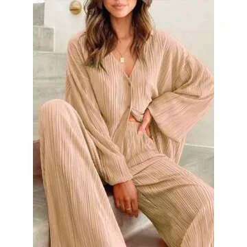 ARTFREE Womens Loungewear Set 2 Pieces Casual Pleated Outfits Sweatsuits Long Sleeve Button Down Shirt and Palazzo Pants