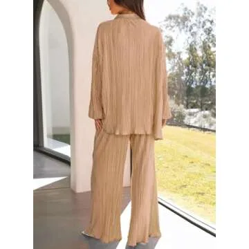 ARTFREE Womens Loungewear Set 2 Pieces Casual Pleated Outfits Sweatsuits Long Sleeve Button Down Shirt and Palazzo Pants