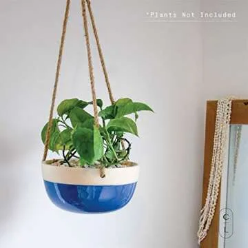 Carlton Lane Bonn - Ceramic Plant Hangers – Hanging Pots for Plants – Large 9.8 x 9.8 x 4.7-Inch Hanging Planters for Indoor and Outdoor Flowers – Anti-Rope Rot Design with Drainage Holes – Blue