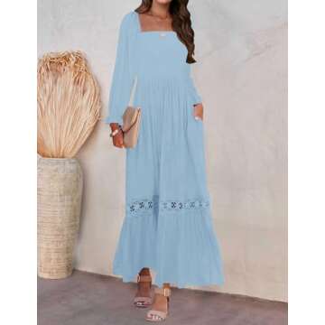ZESICA Women's 2025 Boho Long Sleeve Square Neck Smocked High Waist Flowy A Line Lace Trim Maxi Dress Light Blue M