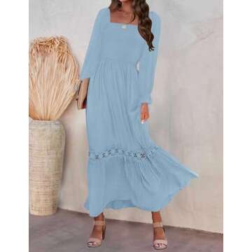 ZESICA Women's 2025 Boho Long Sleeve Square Neck Smocked High Waist Flowy A Line Lace Trim Maxi Dress Light Blue M