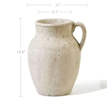 LB2 Rustic Large Ceramic Vase, 13.6" Tall Zen Style vase, Terra Cotta Pitcher Vase, Distressed Farmhouse Decor, Pottery Decorative Flower Vase for Home Decor