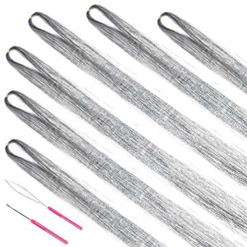 MISSUHUI Hair Tinsel Kit With Tools 48 Inch 1200 Strands Glitter Tinsel Hair Extensions Sparkling Shiny Hair Tinsel Strands Kit Heat Resistant for Women Girls 6Pcs (Silver)