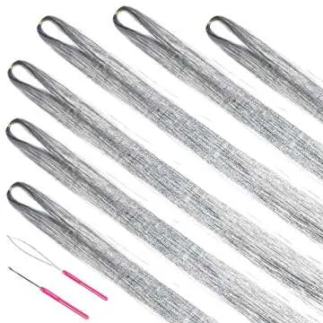 MISSUHUI Hair Tinsel Kit With Tools 48 Inch 1200 Strands Glitter Tinsel Hair Extensions Sparkling Shiny Hair Tinsel Strands Kit Heat Resistant for Women Girls 6Pcs (Silver)