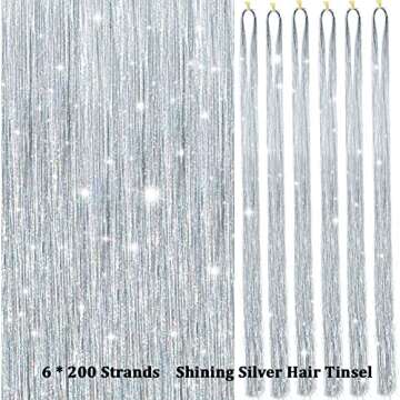 MISSUHUI Hair Tinsel Kit With Tools 48 Inch 1200 Strands Glitter Tinsel Hair Extensions Sparkling Shiny Hair Tinsel Strands Kit Heat Resistant for Women Girls 6Pcs (Silver)