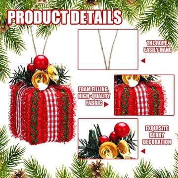 12 Pcs Christmas Tree Mini Gift Boxes Christmas Tree Ornaments Present Decoration Christmas Ornaments Pendant Decoration with Bells, Christmas Berries for Indoor Outdoor Xmas Tree Party Holiday Decor