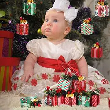 12 Pcs Christmas Tree Mini Gift Boxes Christmas Tree Ornaments Present Decoration Christmas Ornaments Pendant Decoration with Bells, Christmas Berries for Indoor Outdoor Xmas Tree Party Holiday Decor