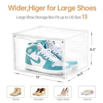 Amllas 8 Pack Shoe Boxes Clear Plastic Stackable, Large Shoe Storage Organizer with Lids,Drop Side Shoe Containers for Entryway,Sneaker Storage Fit up to US Size 13 (13’’x 10.6”x 8.3”)