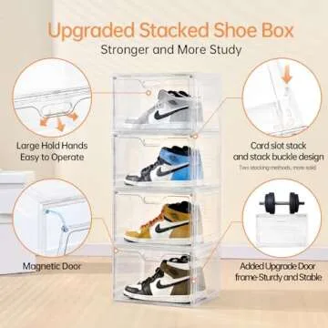 Amllas 8 Pack Shoe Boxes Clear Plastic Stackable, Large Shoe Storage Organizer with Lids,Drop Side Shoe Containers for Entryway,Sneaker Storage Fit up to US Size 13 (13’’x 10.6”x 8.3”)