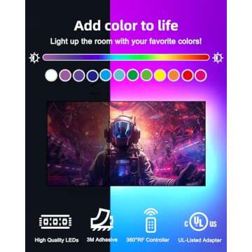 HitLights 32.8ft LED Strip Lights, RGB 5050 Color Changing LED Light Kit Ultra Brighter 300LEDs Flexible Light Strips with RF Remote and UL Power Supply for Home Room Party TV Bedroom