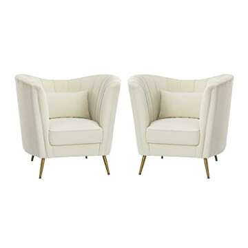 HULALAHOME Modern Velvet Barrel Chair Accent Armchair with Golden Legs for Living Room Bedroom Home Office, Channel Tufted Backrest Club Chair, Ivory Set of 2