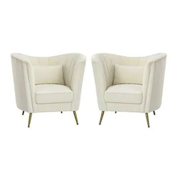 HULALAHOME Modern Velvet Barrel Chair Accent Armchair with Golden Legs for Living Room Bedroom Home Office, Channel Tufted Backrest Club Chair, Ivory Set of 2