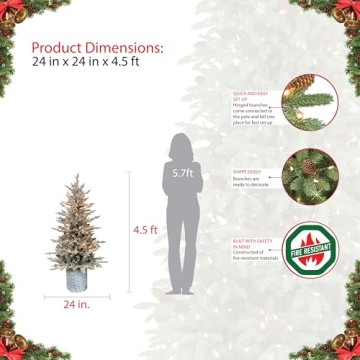 Puleo International 4.5 Foot Pre-Lit Potted Flocked Arctic Fir Artificial Christmas Tree with 70 UL-Listed Clear Lights
