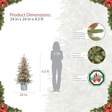 Puleo International 4.5 Foot Pre-Lit Potted Flocked Arctic Fir Artificial Christmas Tree with 70 UL-Listed Clear Lights