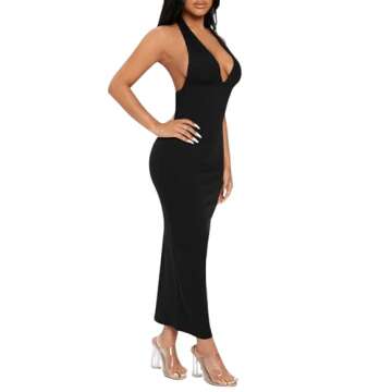 Floerns Deep V Neck Backless Ribbed Maxi Dress for Petites