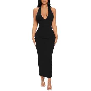 Floerns Deep V Neck Backless Ribbed Maxi Dress for Petites