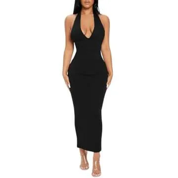 Floerns Deep V Neck Backless Ribbed Maxi Dress for Petites