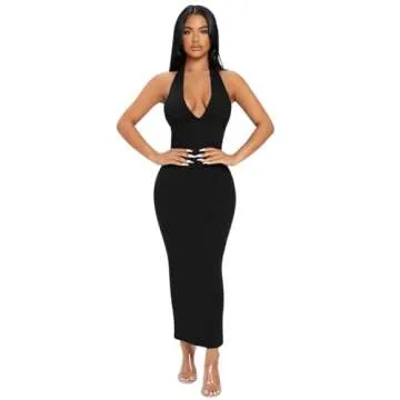 Floerns Deep V Neck Backless Ribbed Maxi Dress for Petites