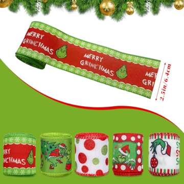 5 Rolls Christmas Wired Edge Ribbons 2.5 Inch Wide 30 Yards Wave Point Ribbon for DIY Christmas Wrea...