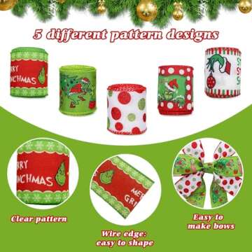 5 Rolls Christmas Wired Edge Ribbons 2.5 Inch Wide 30 Yards Wave Point Ribbon for DIY Christmas Wreaths Bows Wrapping Present Crafts Decoration