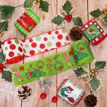 5 Rolls Christmas Wired Edge Ribbons 2.5 Inch Wide 30 Yards Wave Point Ribbon for DIY Christmas Wreaths Bows Wrapping Present Crafts Decoration