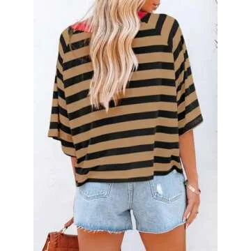 Dokotoo Summer Womens Tops for Women Cute Crop Tops 2025 Spring Striped Short Sleeve Shirts Women's Clothes Clothing Blouses Dressy Casual Fashion Trendy Oversized Tshirts Tee Cruise Outfits